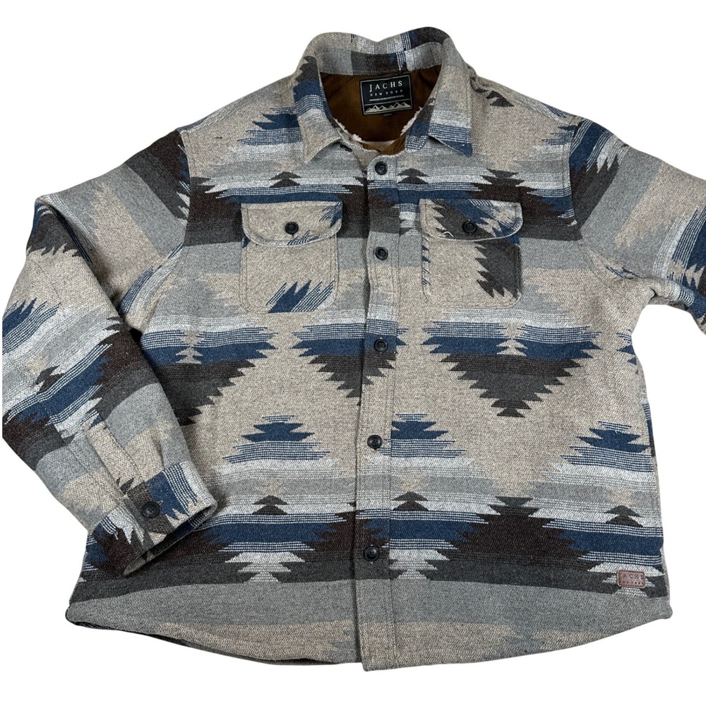 Jachs New York Mens XXL Southwestern Aztec Sherpa Lined Shirt Jacket Gray Blue
